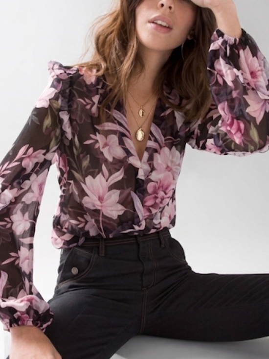 White House Black Market Tops - White House Black Market Floral Ruffle V-Neck Top – Size XXS | Romantic Layers